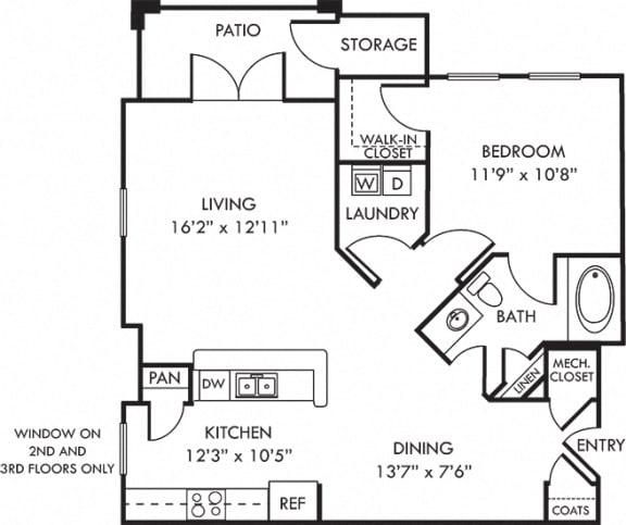 Creekside.  1 bedroom apartment. Kitchen with bartop open to living/dinning rooms. 1 full bathroom. Walk-in closet. Patio/balcony.