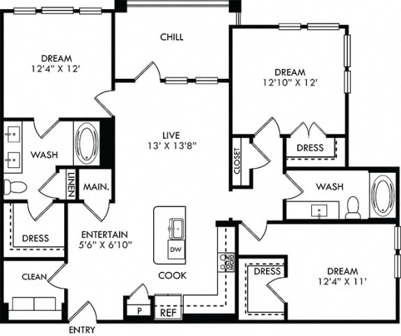 The Lake Creek. 3 bedroom apartment. Kitchen with island open to living/dining rooms. 2 full bathrooms, double vanity in master. Walk-in closets. Patio/balcony.