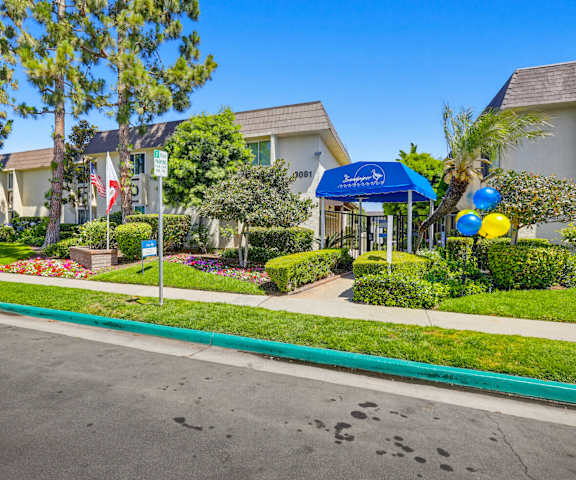 A sunny day in a residential area with houses, trees, and a blue umbrella.