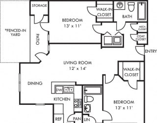 madison 2 bedroom apartment with fenced-in yard. L-shaped kitchen with bartop open to living and dining rooms. 2 full baths. walk-in closets. in-unit laundry. Patio/balcony. storage.