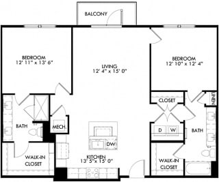 The Sierra with 2 Bedrooms, 2 Baths one with standalone shower. Kitchen with island open to Living area