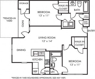 madison 2 bedroom apartment with fenced-in yard. L-shaped kitchen with bartop open to living and dining rooms. 2 full baths. walk-in closets. in-unit laundry. Patio/balcony. storage.
