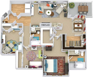 Trinity 3D. 3 bedroom apartment. Kitchen with bartop open to living/dinning rooms. 2 full bathroom, shower stall & double vanity in master. Walk-in closet in master. Patio/balcony. Optional fireplace.