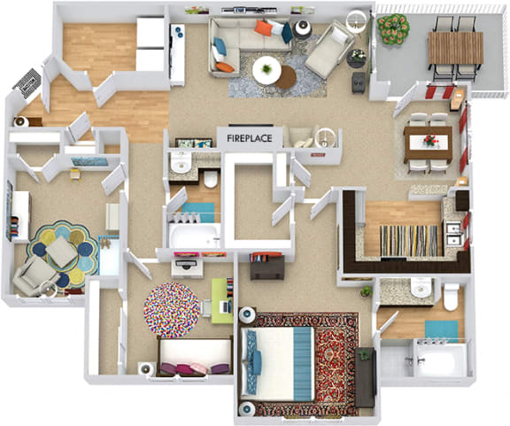 Trinity 3D. 3 bedroom apartment. Kitchen with bartop open to living/dinning rooms. 2 full bathroom, shower stall & double vanity in master. Walk-in closet in master. Patio/balcony. Optional fireplace.
