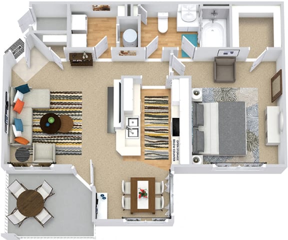 The Darlington 3D 1 Bedroom, 1 Bath, Galley style kitchen that opens to dining and living room with optional fireplace