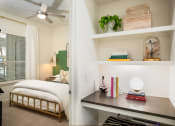 Thumbnail 11 of 19 - a bedroom with a bed and a desk with a lamp and books