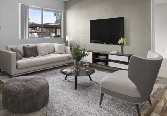 a living room with a couch and a chair and a television