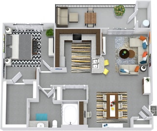 3D McKinney 1 bedroom apartment. Kitchen with bartop open to living room and dining room . 1 full bath with vanity. large walk-in closet. patio/balcony.