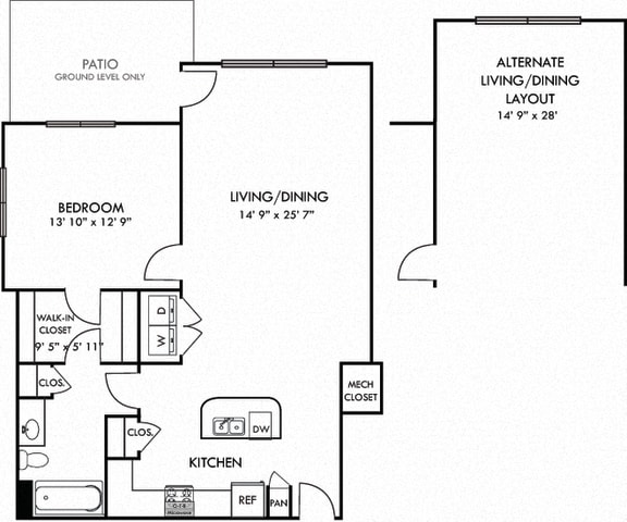 Centennial. 1 bedroom apartment. Kitchen with island open to living/dinning room. 1 full bathroom. Walk-in closet. Patio/balcony.