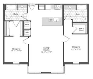 A floor plan of a small apartment with two bedrooms, a living room, a kitchen, and a bathroom.