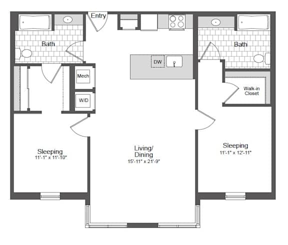 A floor plan of a small apartment with two bedrooms, a living room, a kitchen, and a bathroom.