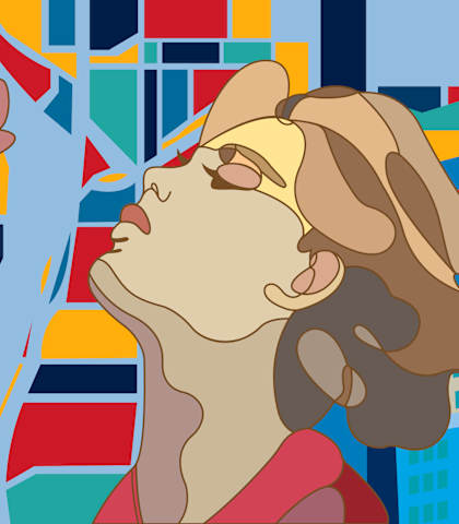 A woman is smelling a rose in a colorful cityscape.