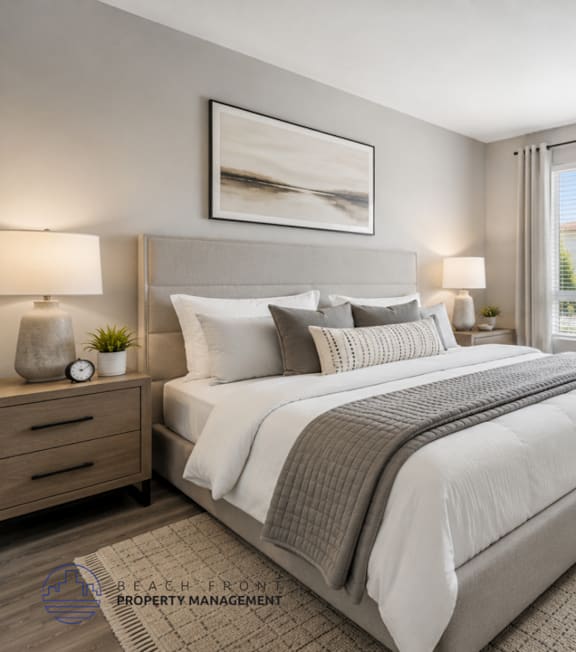 A well-lit bedroom with a large bed and a painting on the wall.