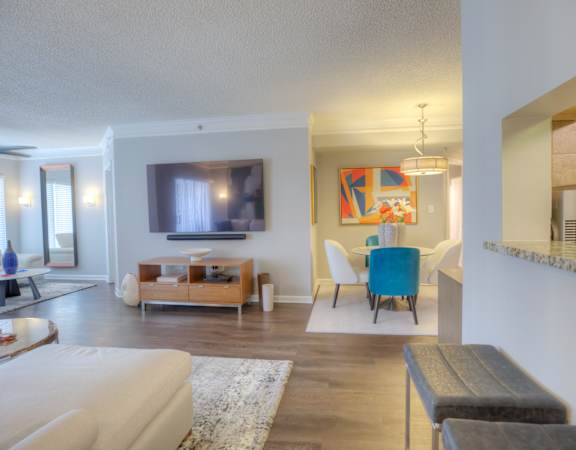 a living room with a couch and a table and a television