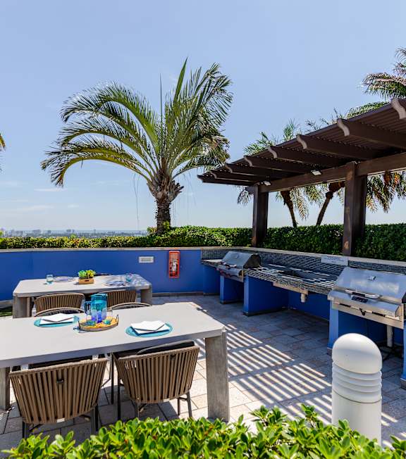 an outdoor patio with tables and barbecue pits and palm trees