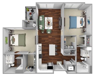 B5 - 2 Bed - 2 Bath - The Airdrie at Paoli Station - 3D Floor Plan