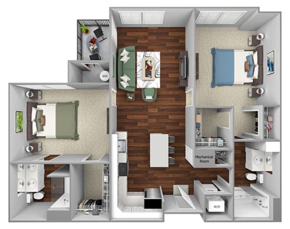B5 - 2 Bed - 2 Bath - The Airdrie at Paoli Station - 3D Floor Plan