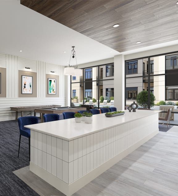 a rendering of a communal area with a table and chairs and a reception desk