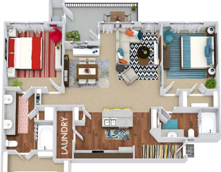 Vaughan 3D 2 bedroom apartment. Kitchen with island open to living & dining rooms. 2 full bathrooms, double vanity in master. Walk-in closet in both bedrooms. Patio/balcony.