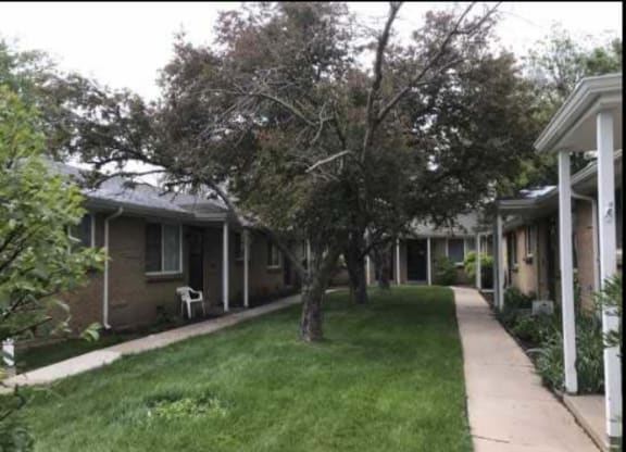 a row of houses with trees and a sidewalk