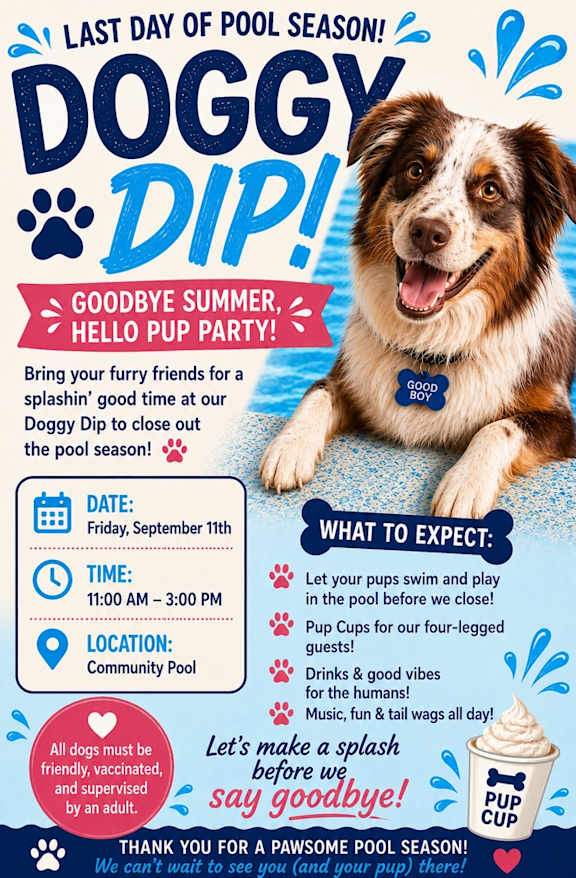 A poster advertises the last day of pool season with a "Doggy Dip!" event.