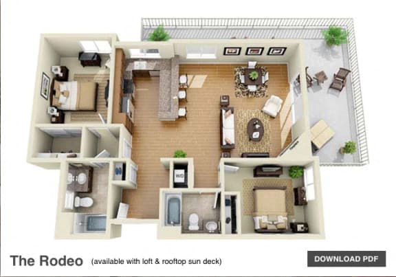 The Rodeo 2 Bedroom 2 Bath 3D Floor Plan The Rodeo 2 Bedroom 2 Bath 3D Floor Plan at The Verandas, Canoga Park, 91304