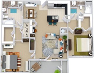 The Vancouver 3D. 2 bedroom apartment. Kitchen with bartop open to living/dining rooms. 2 full bathrooms, double vanity in master. Walk-in closets. Patio/balcony.