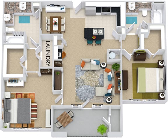 The Vancouver 3D. 2 bedroom apartment. Kitchen with bartop open to living/dining rooms. 2 full bathrooms, double vanity in master. Walk-in closets. Patio/balcony.