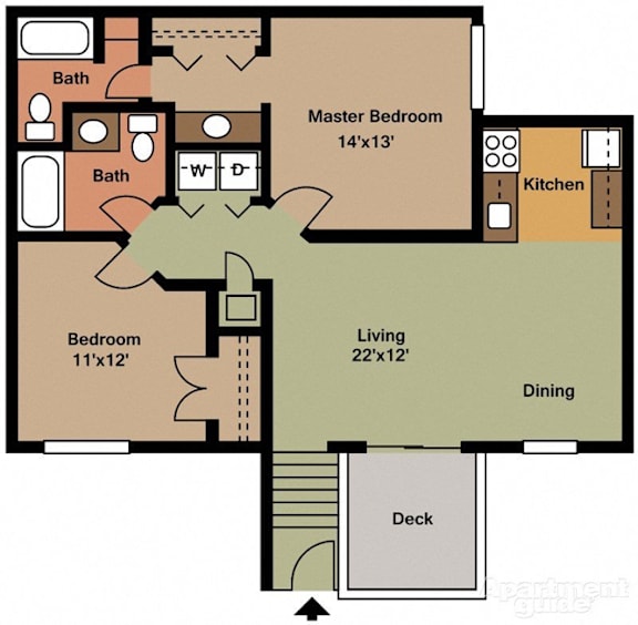 A floor plan of a house with a master bedroom, a living room, a dining area, a deck, and two bathrooms.