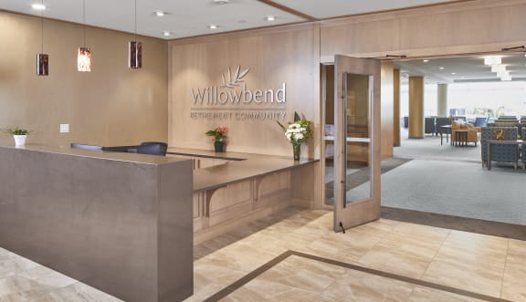 Lobby and front desk at Willowbend Retirement Community.