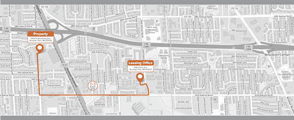 A map with a red outline and two orange circles with text.