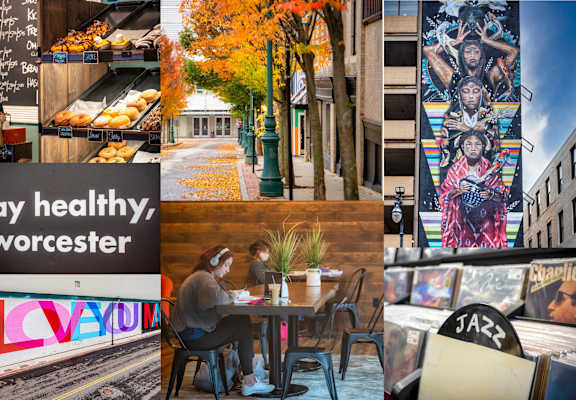 A collage of images showcasing various aspects of Worcester, including a bakery, a street lined with trees, a dining area, and a vibrant mural.