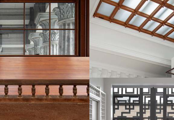 A split image of a balcony and a ceiling.