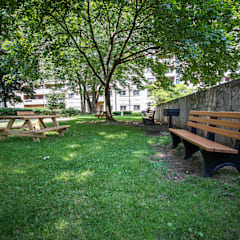a group of benches in a park