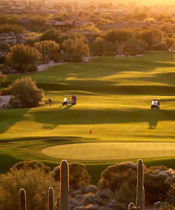A golf course with players and cacti in the foreground.
