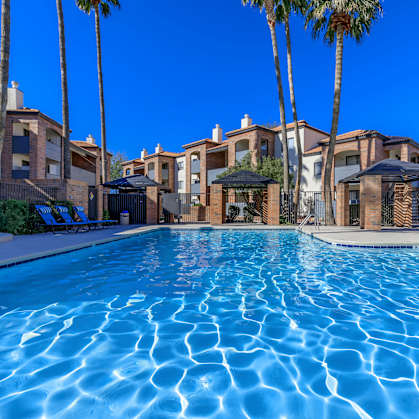 A swimming pool surrounded by palm trees and buildings.