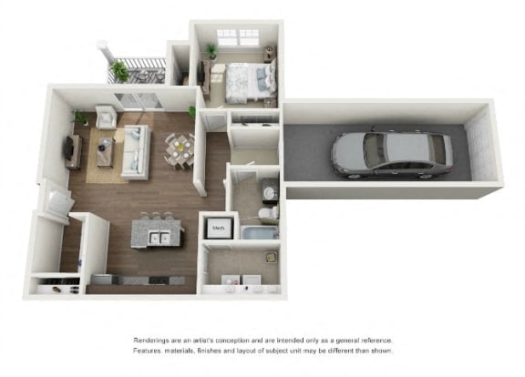 One Bedroom floor plan with Garage in Virginia Beach Va