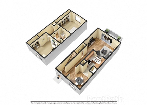2 Bedroom Townhome Floor Plan Available at Lake Camelot Apartments, Indianapolis, Indiana