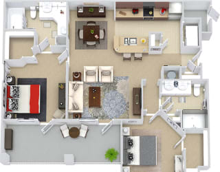 Barcelona 3D. 2 bedroom apartment. Kitchen with bartop open to living room. 2 full bathrooms, double vanities. Walk-in closets. Patio/balcony. External storage.