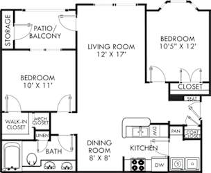 Garrison. 2 bedroom apartment . Kitchen with bartop open to living/dinning rooms. 1 full bathroom, double vanity. Walk-in closet. Patio/balcony.