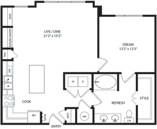 1 bedroom, 1 bath floorplan. entry nook. L-shaped kitchen with island. Pantry. butlers pantry. built-in desk. open to living/dining. Double sink vanity. large walk-in closet. washer/dryer.
