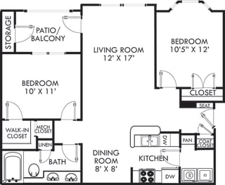 Garrison. 2 bedroom apartment . Kitchen with bartop open to living/dinning rooms. 1 full bathroom, double vanity. Walk-in closet. Patio/balcony.
