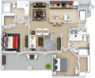 Barcelona 3D. 2 bedroom apartment. Kitchen with bartop open to living room. 2 full bathrooms, double vanities. Walk-in closets. Patio/balcony. External storage.