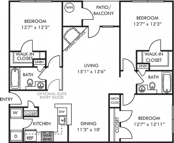 Biltmore 3 bedroom apartment. Kitchen with bartop open to living and dining room. Optional wood burning fireplace. 2 full baths. in unit-laundry. Patio/Balcony