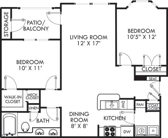Garrison. 2 bedroom apartment . Kitchen with bartop open to living/dinning rooms. 1 full bathroom, double vanity. Walk-in closet. Patio/balcony.