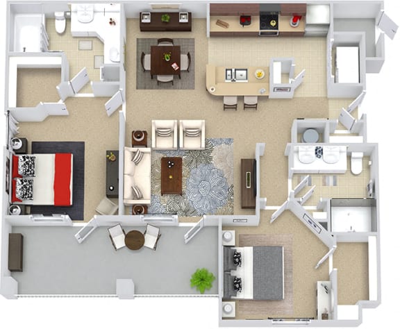 Barcelona 3D. 2 bedroom apartment. Kitchen with bartop open to living room. 2 full bathrooms, double vanities. Walk-in closets. Patio/balcony. External storage.