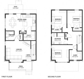 3 Bedroom 2 Bath Townhouse -2D Floorplan, Cornerstone Village Pittsburgh, PA
