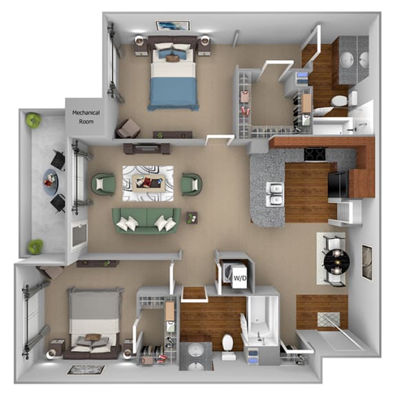 First and Main - B2 (Impulse) - 2-bed and 2-bath - 3D Floor Plan