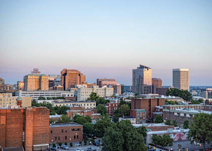 A cityscape with buildings and trees in the foreground.