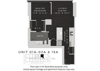 One Bedroom 01A +02A + 15A Floor Plan One Bedroom 01A +02A + 15A Floor Plan at 640 North Wells, Chicago, 60654
